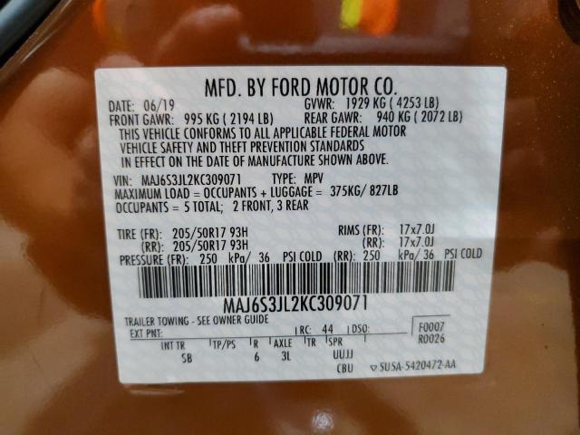 MAJ6S3JL2KC309071 - 2019 FORD ECOSPORT SES BROWN photo 12