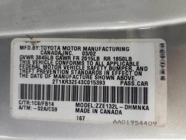 2T1KR32E43C015393 - 2003 TOYOTA COROLLA MA XR SILVER photo 12