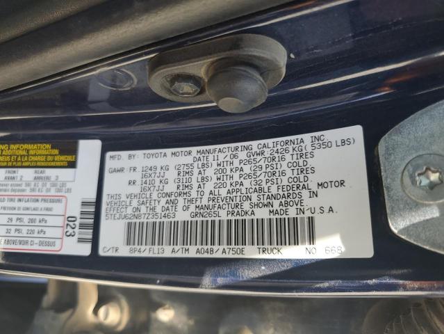 5TEJU62N87Z351463 - 2007 TOYOTA TACOMA DOUBLE CAB PRERUNNER BLUE photo 12