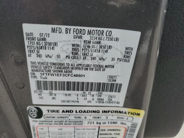 1FTFW1EF3CFC48501 - 2012 FORD F150 SUPERCREW GRAY photo 12