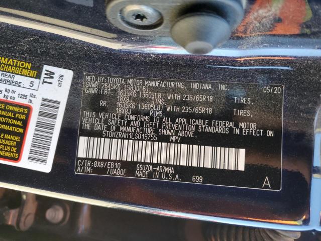 5TDHZRAH1LS015755 - 2020 TOYOTA HIGHLANDER XLE Կապույտ լուսանկար 12