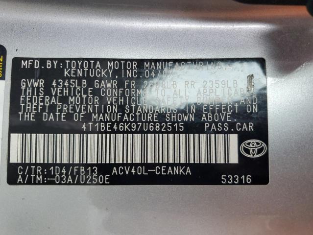 4T1BE46K97U682515 - 2007 TOYOTA CAMRY CE SILVER photo 12