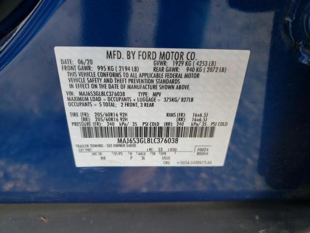 MAJ6S3GL8LC376038 - 2020 FORD ECOSPORT SE BLUE photo 12