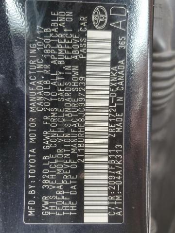 2T1BURHE8JC997239 - 2018 TOYOTA COROLLA L შავი ფოტო 12