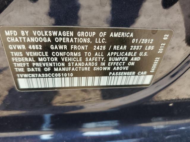 1VWCN7A33CC051010 - 2012 VOLKSWAGEN PASSAT SEL BLUE photo 12