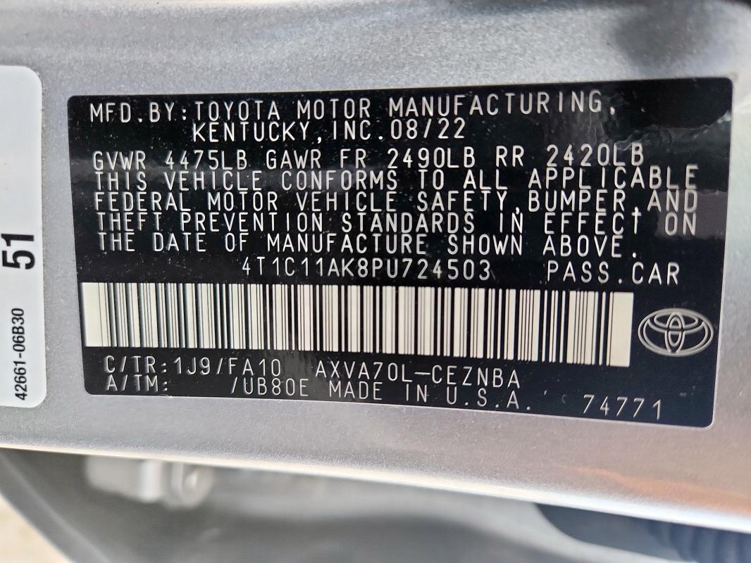 4T1C11AK8PU724503 - 2023 TOYOTA CAMRY LE 银色 照片 13