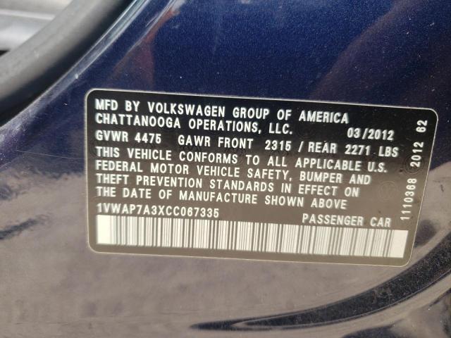 1VWAP7A3XCC067335 - 2012 VOLKSWAGEN PASSAT S BLUE photo 12