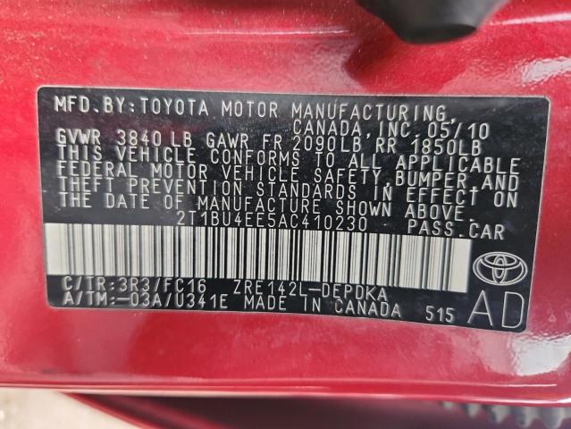 2T1BU4EE5AC410230 - 2010 TOYOTA COROLLA BASE წითელი ფოტო 12