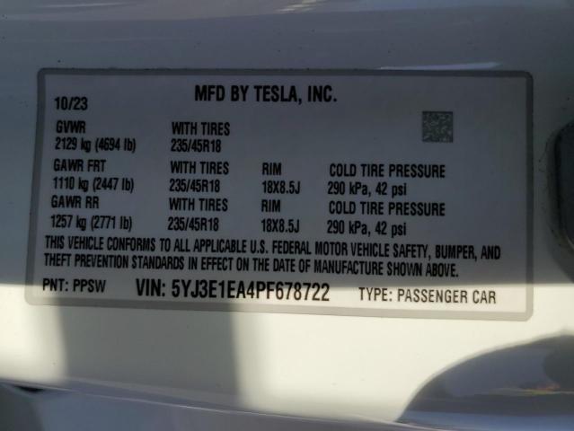 5YJ3E1EA4PF678722 - 2023 TESLA MODEL 3 WHITE photo 13