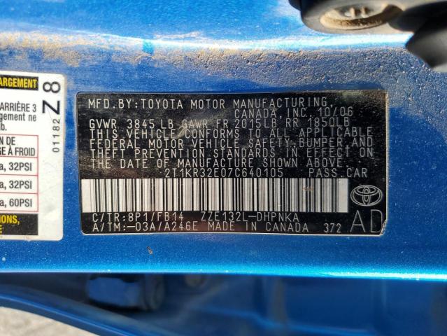 2T1KR32E07C640105 - 2007 TOYOTA COROLLA MA XR BLUE photo 12