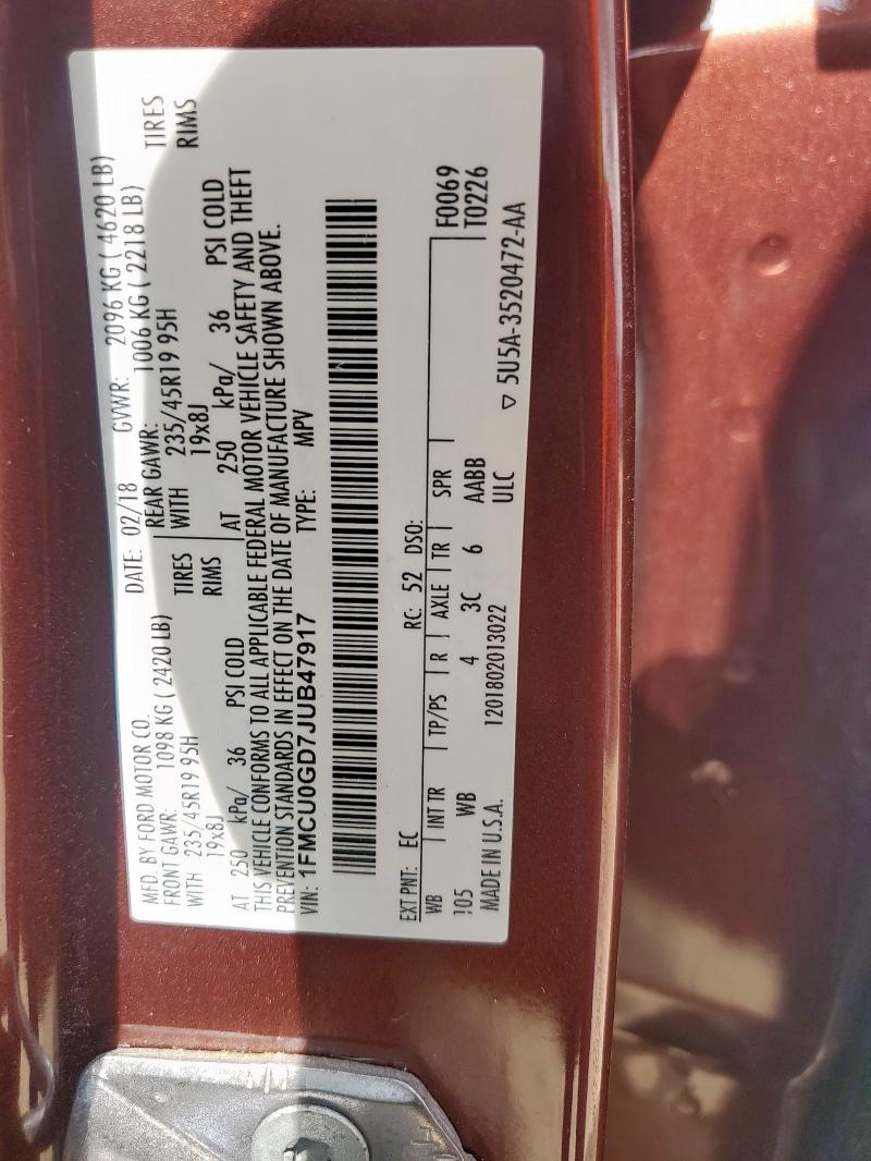 1FMCU0GD7JUB47917 - 2018 FORD ESCAPE SE MAROON photo 12