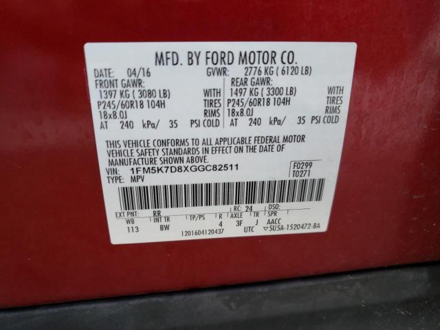 1FM5K7D8XGGC82511 - 2016 FORD EXPLORER XLT წითელი ფოტო 12