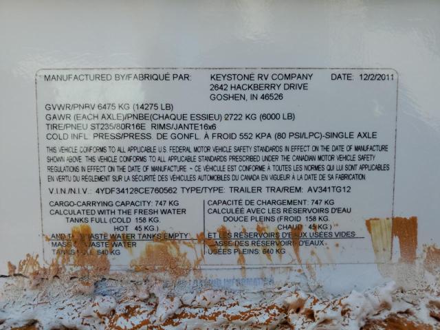 4YDF34128CE760562 - 2012 KEYSTONE AVALANCHE თეთრი ფოტო 10