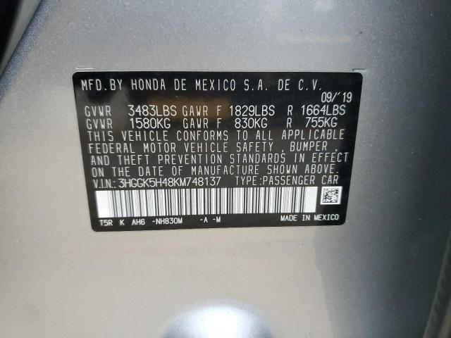 3HGGK5H48KM748137 - 2019 HONDA FIT LX GRAY photo 12