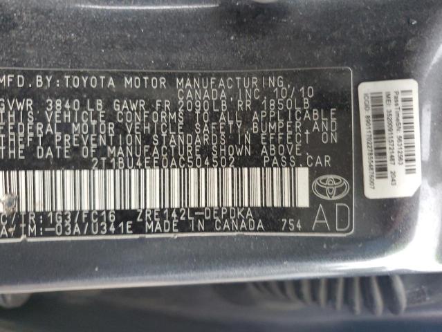 2T1BU4EE0AC504502 - 2010 TOYOTA COROLLA BASE GRAY photo 12