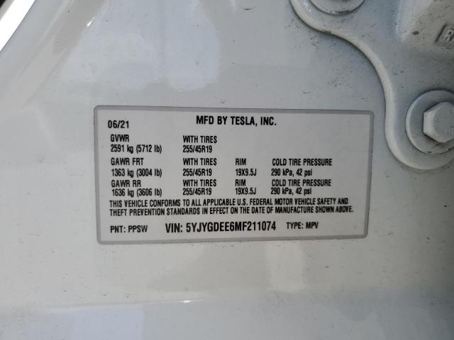 5YJYGDEE6MF211074 - 2021 TESLA MODEL Y أبيض صورة 12