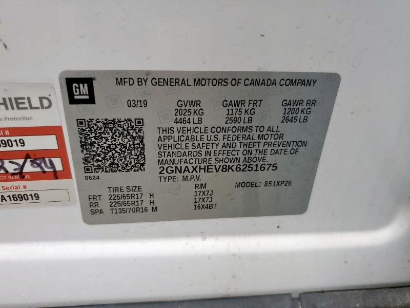 2GNAXHEV8K6251675 - 2019 CHEVROLET EQUINOX LS Ақ фото 13