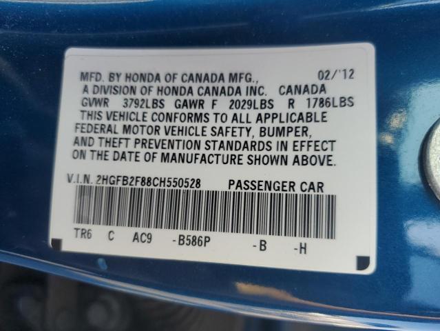 2HGFB2F88CH550528 - 2012 HONDA CIVIC EX BLUE photo 12