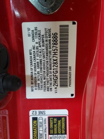 2HGFG128X7H578886 - 2007 HONDA CIVIC EX RED photo 12