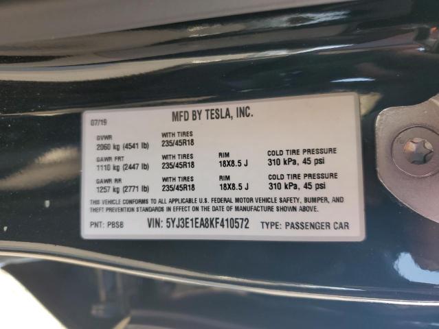 5YJ3E1EA8KF410572 - 2019 TESLA MODEL 3 黑色 照片 14