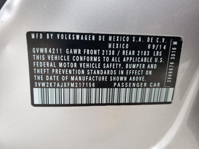 3VW2K7AJXFM217156 - 2015 VOLKSWAGEN JETTA BASE 银色 照片 12