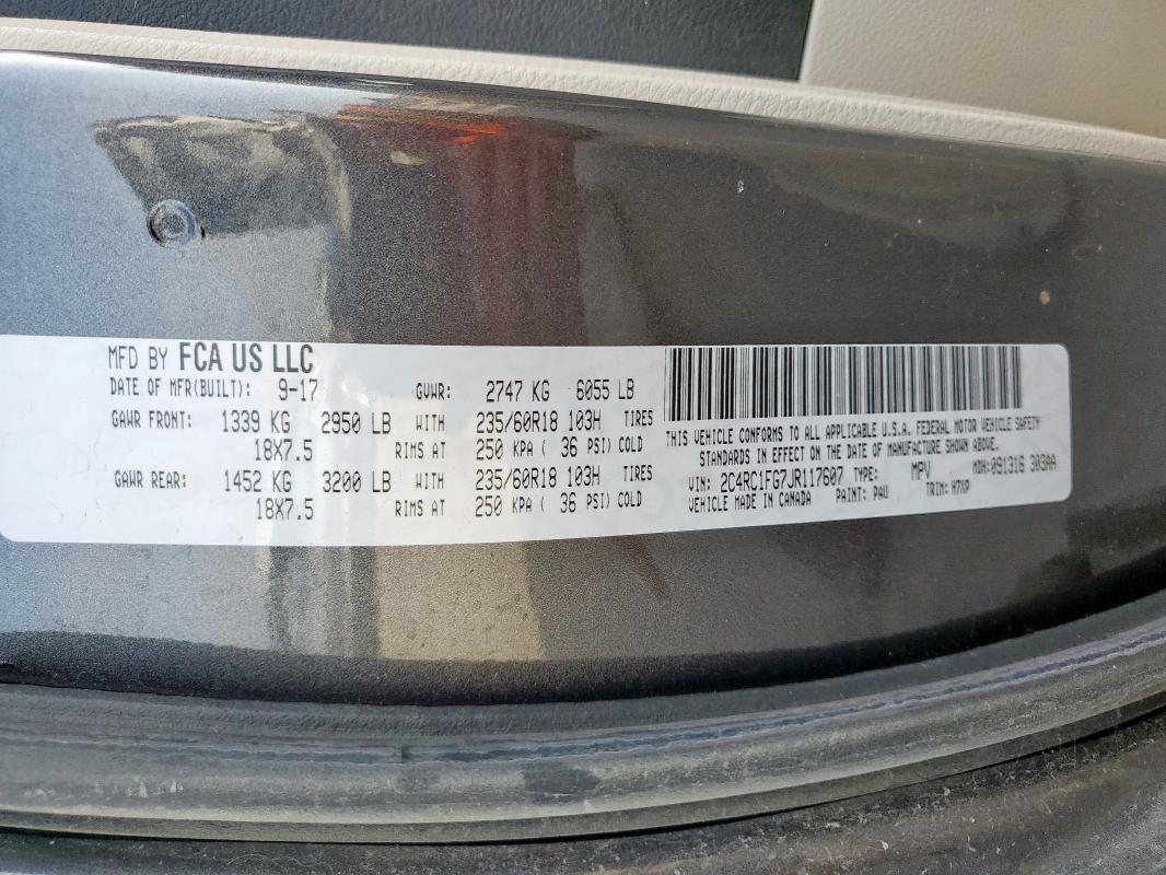 2C4RC1FG7JR117607 - 2018 CHRYSLER PACIFICA TOURING PLUS رمادي صورة 13