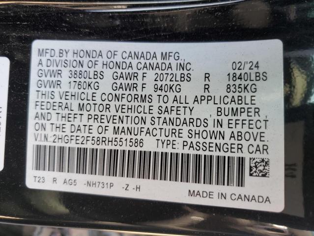 2HGFE2F58RH551586 - 2024 HONDA CIVIC SPORT Siyah fotoğraf 12