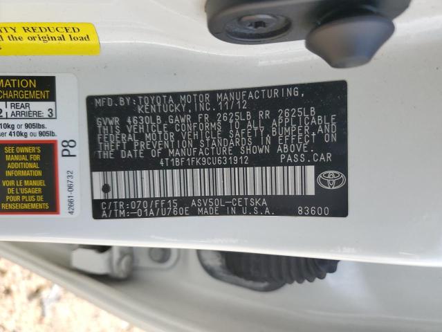 4T1BF1FK9CU631912 - 2012 TOYOTA CAMRY BASE WHITE photo 13