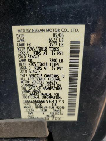 1N6AA06B66N564173 - 2006 NISSAN TITAN XE BLUE photo 12