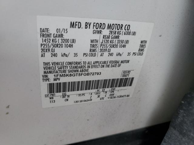 1FM5K8GT5FGB72793 - 2015 FORD EXPLORER SPORT WHITE photo 13