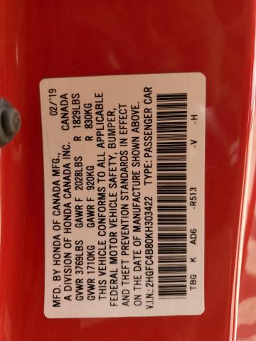 2HGFC4B80KH303422 - 2019 HONDA CIVIC SPORT RED photo 13