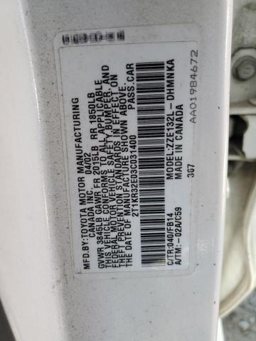 2T1KR32E03C031400 - 2003 TOYOTA COROLLA MA XR WHITE photo 13