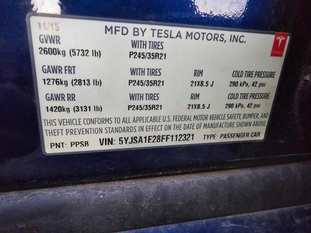 5YJSA1E28FF112321 - 2015 TESLA MODEL S ლურჯი ფოტო 10