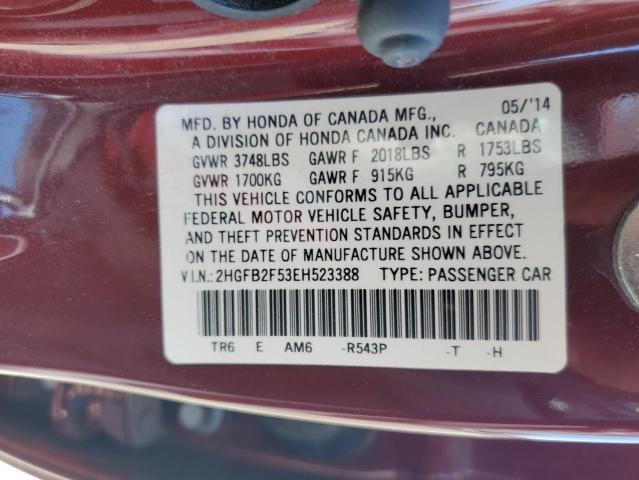 2HGFB2F53EH523388 - 2014 HONDA CIVIC LX BURGUNDY photo 12