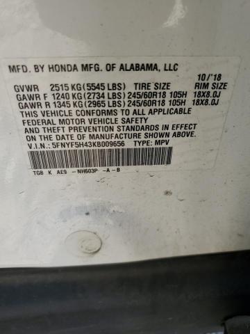 5FNYF5H43KB009656 - 2019 HONDA PILOT EXL WHITE photo 14