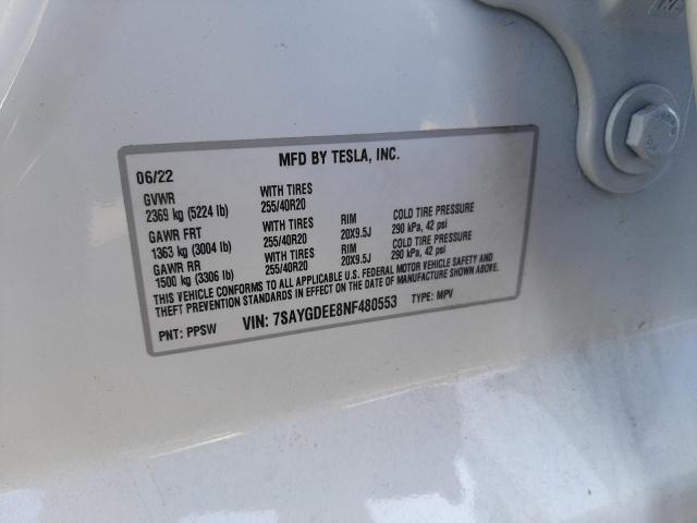 7SAYGDEE8NF480553 - 2022 TESLA MODEL Y أبيض صورة 10