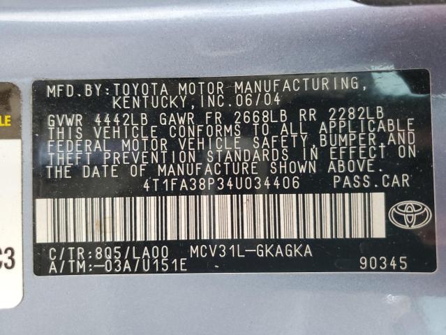 4T1FA38P34U034406 - 2004 TOYOTA CAMRY SOLA SE BLUE photo 12