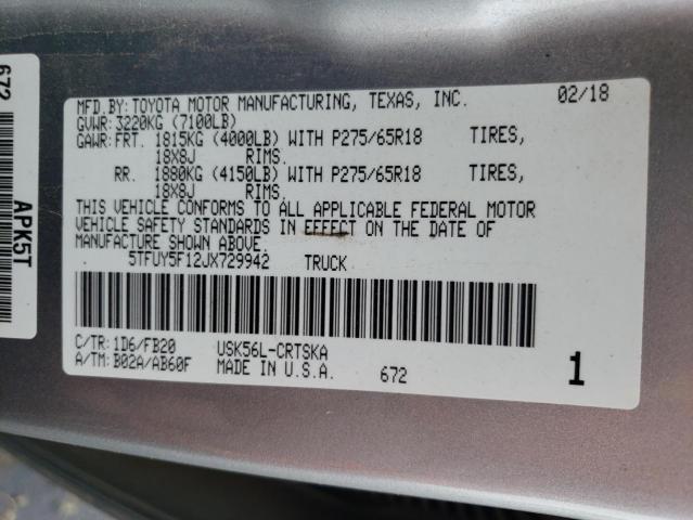 5TFUY5F12JX729942 - 2018 TOYOTA TUNDRA DOUBLE CAB SR/SR5 SILVER photo 12