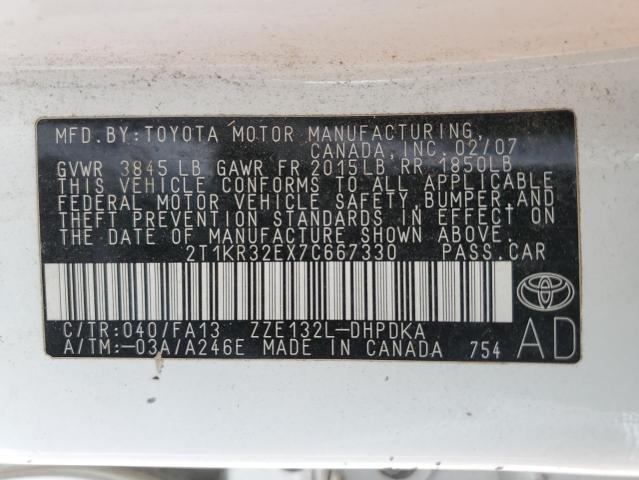 2T1KR32EX7C667330 - 2007 TOYOTA COROLLA MA XR WHITE photo 11