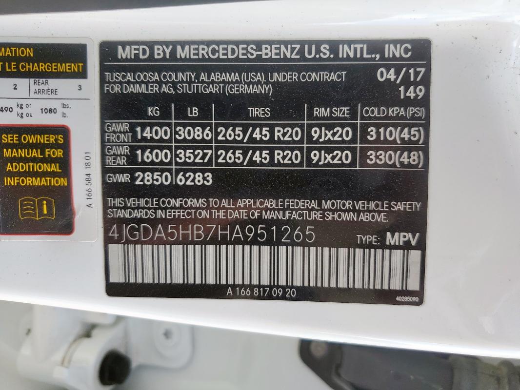 4JGDA5HB7HA951265 - 2017 MERCEDES-BENZ GLE 350 4MATIC WHITE photo 13