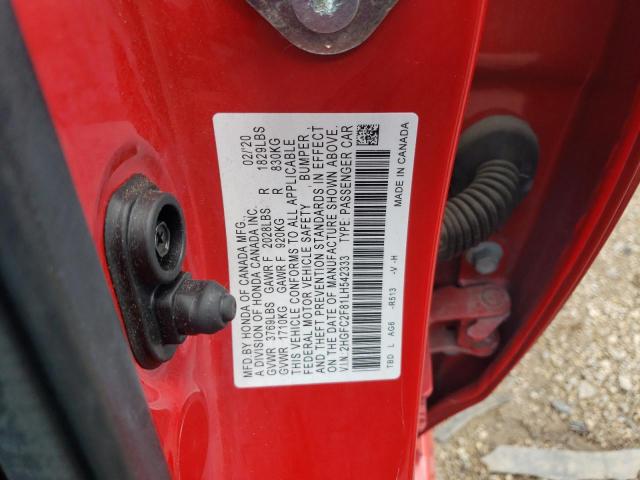 2HGFC2F81LH542333 - 2020 HONDA CIVIC SPORT 红色 照片 12