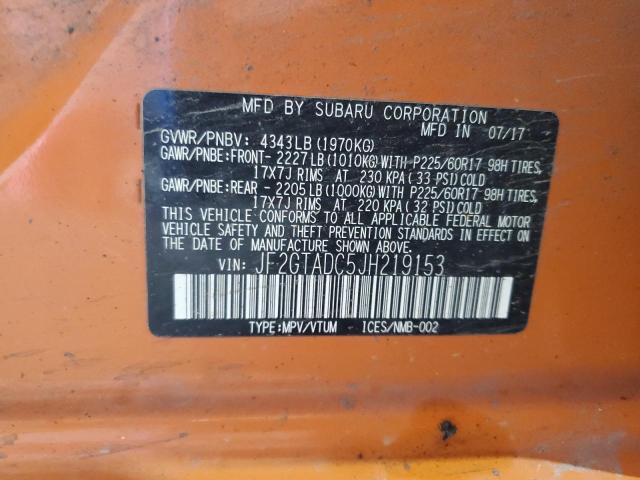 JF2GTADC5JH219153 - 2018 SUBARU CROSSTREK PREMIUM Қызғылт сары фото 12