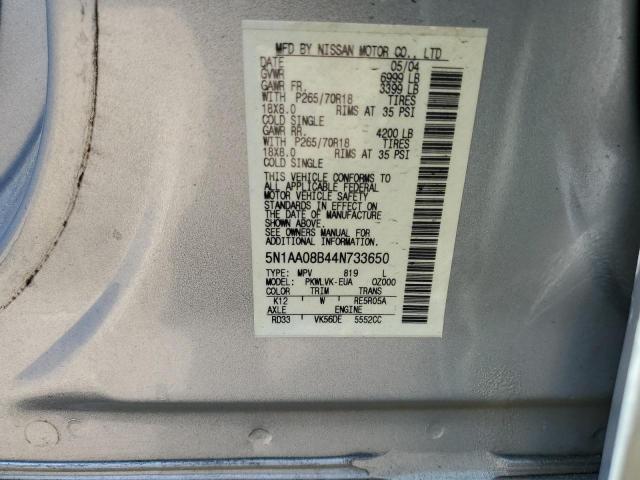 5N1AA08B44N733650 - 2004 NISSAN ARMADA SE SILVER photo 13