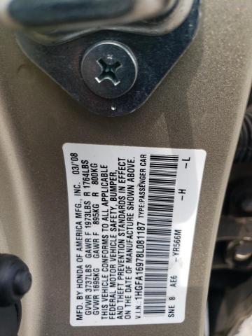 1HGFA16978L081187 - 2008 HONDA CIVIC EXL BEIGE photo 12