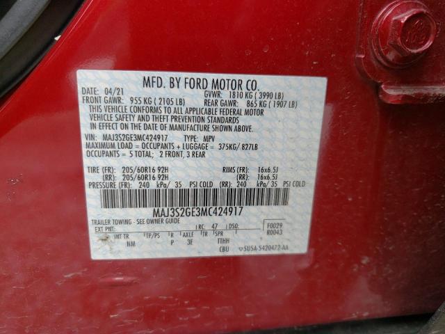 MAJ3S2GE3MC424917 - 2021 FORD ECOSPORT SE BURGUNDY photo 13