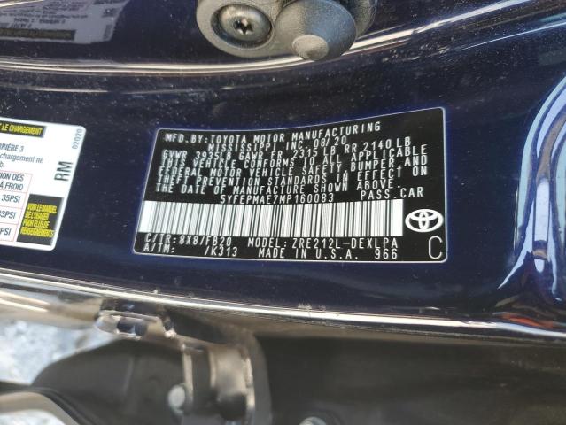 5YFEPMAE7MP160083 - 2021 TOYOTA COROLLA LE ლურჯი ფოტო 12