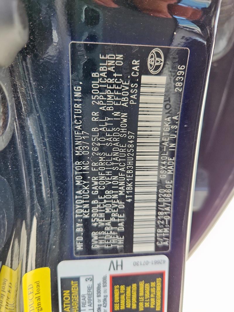 4T1BK1EB3HU258497 - 2017 TOYOTA AVALON XLE BLACK photo 12