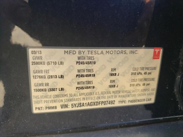 5YJSA1AGXDFP07492 - 2013 TESLA MODEL S Կապույտ լուսանկար 12