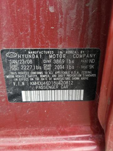 KMHDU46D18U420812 - 2008 HYUNDAI ELANTRA GLS RED photo 12