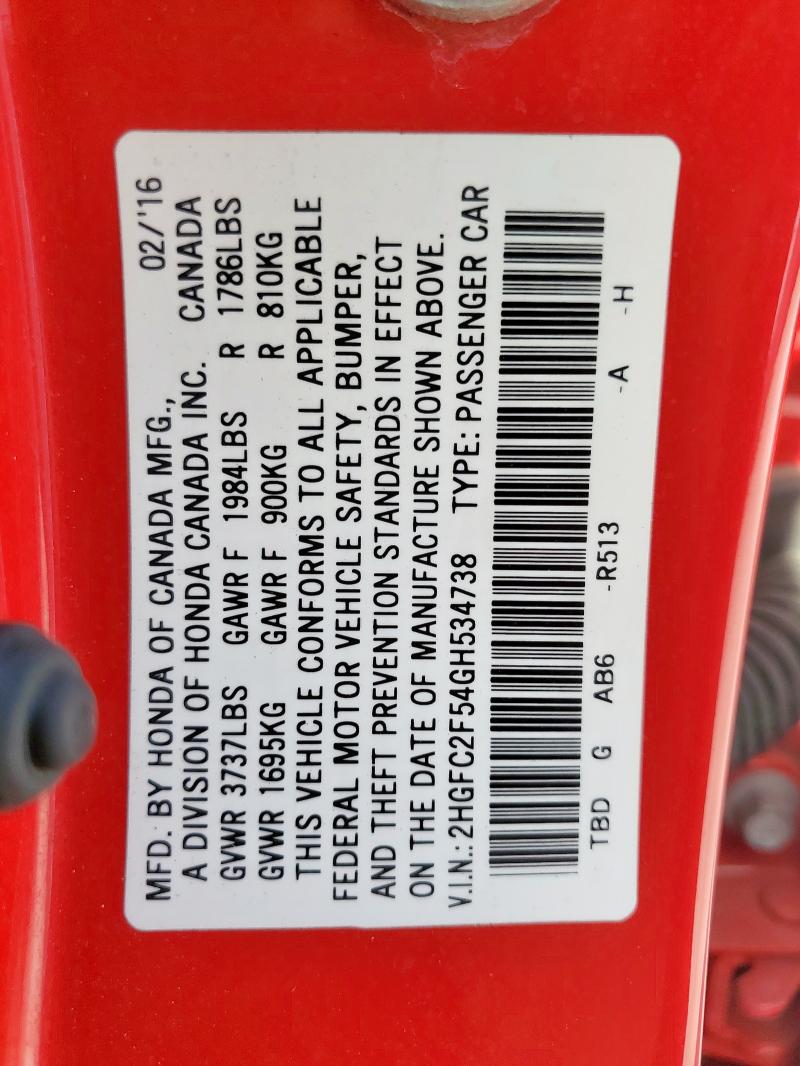 2HGFC2F54GH534738 - 2016 HONDA CIVIC LX წითელი ფოტო 13